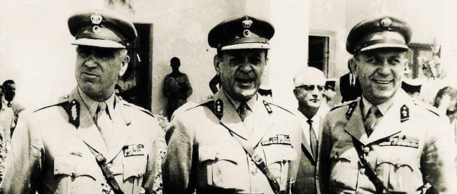 Historic photo from April 21, 1967 protraying Brigadier General Stylianos Pattakos, Colonels Georgios Papadopoulos and Nikolaos Makarezos who overthrew the democratic government in Greece and imposed a dictatorship that lasted seven years.