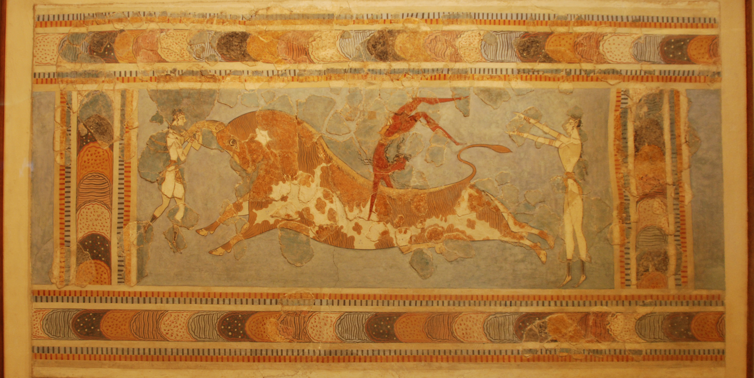 Bull leaping fresco from Knossos. The red figure is probably male, the white figures female (a colour convention in Minoan painting). 17th-15th centuries BC.