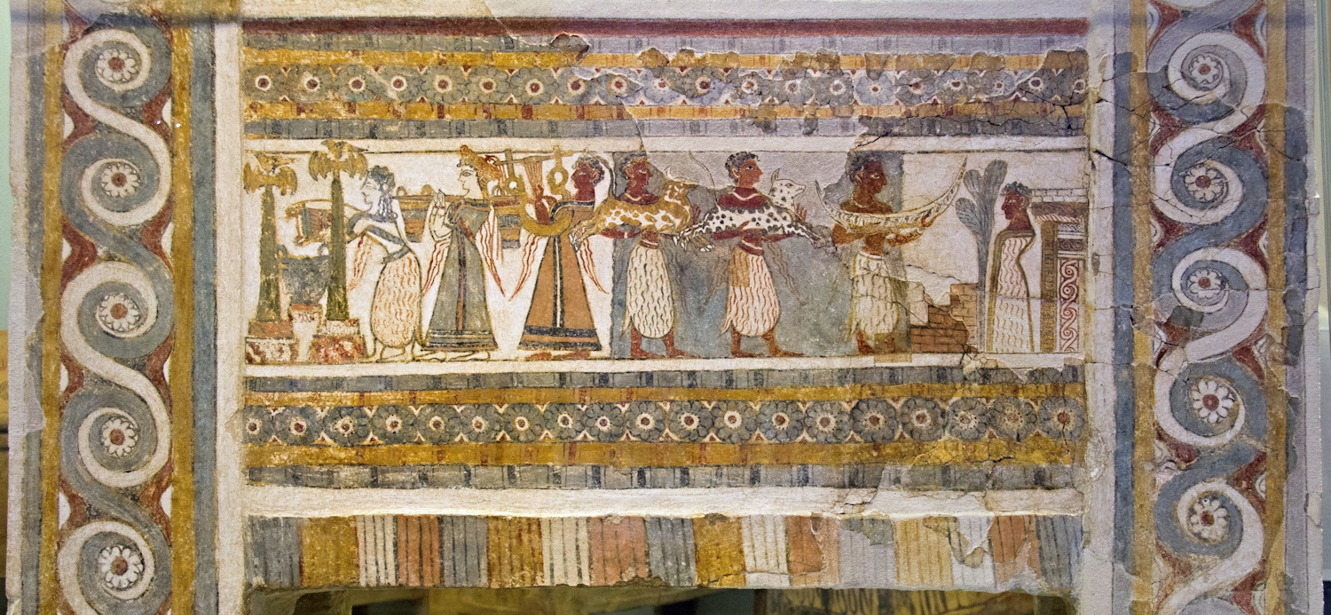 Fresco from a sarcophagus of Agia Triada. Apparently for burial of a prince. Frescoes represent Minoan burial ritual. (1370-1320 BC). Archaeological Museum of Heraklion.