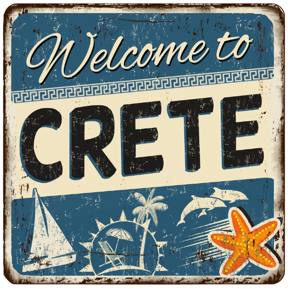 Enamel sign saying Welcome to Crete