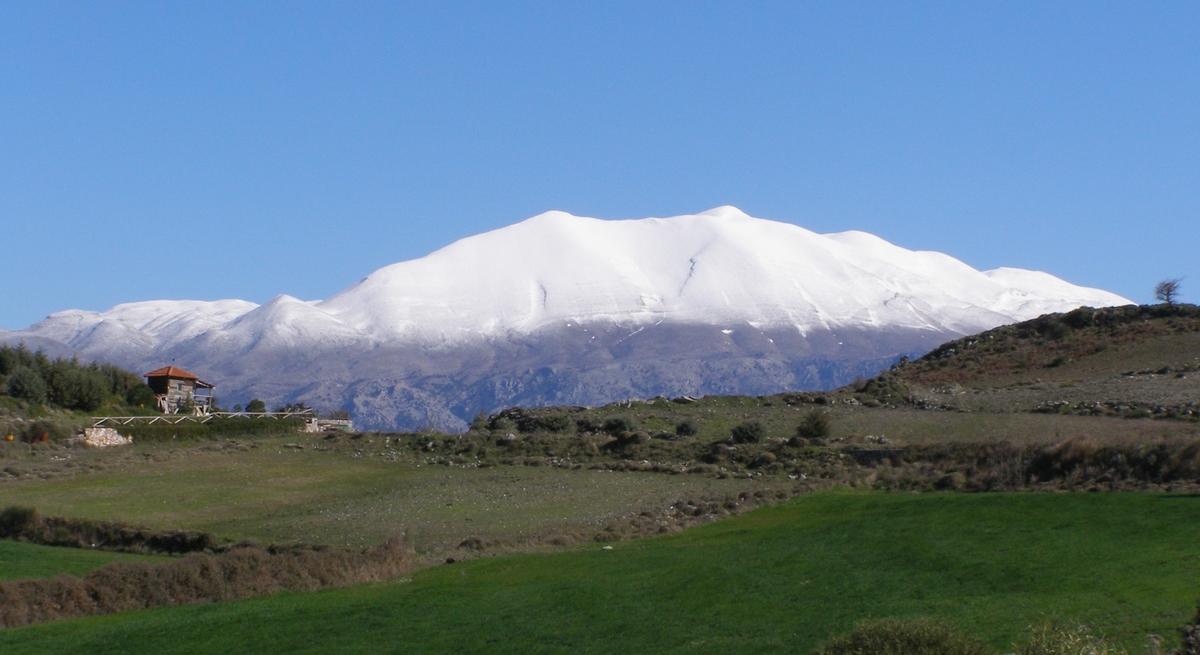 The snow-covered peaks of the Psiloritis mountain range