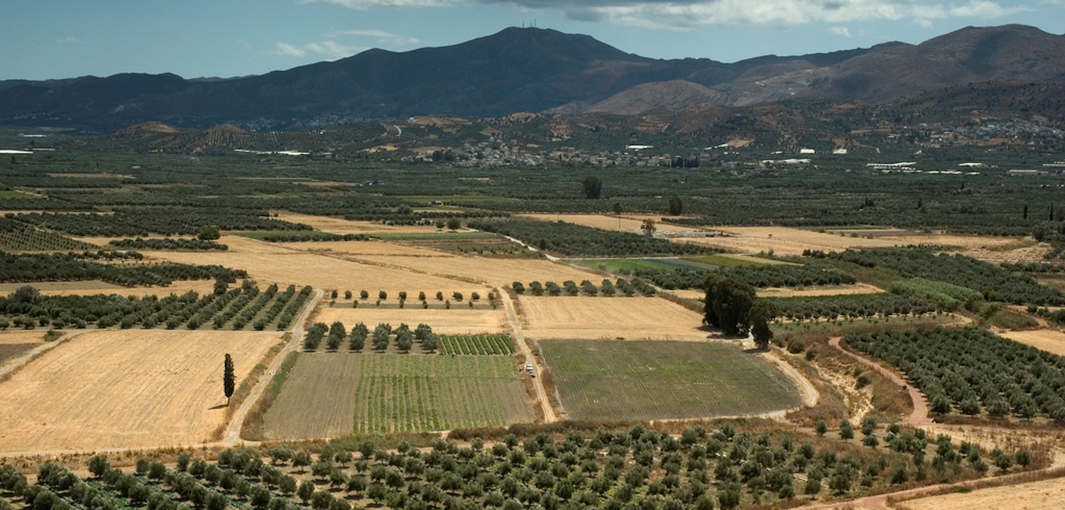 The Messara Plain in southern Crete. Stretching 50 km west/east and 7 km north/south, it is the largest plain in Crete.