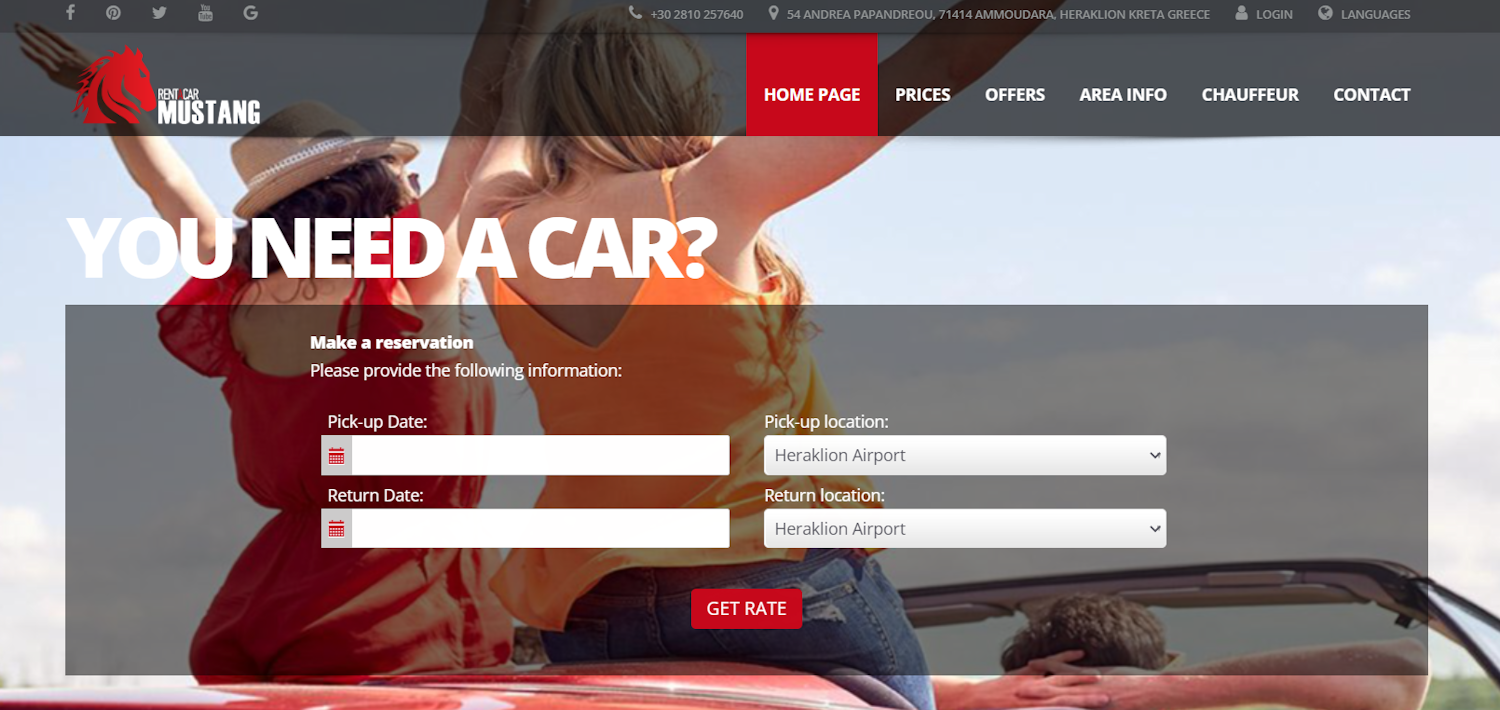 Screen dump from Mustang car rental homepage